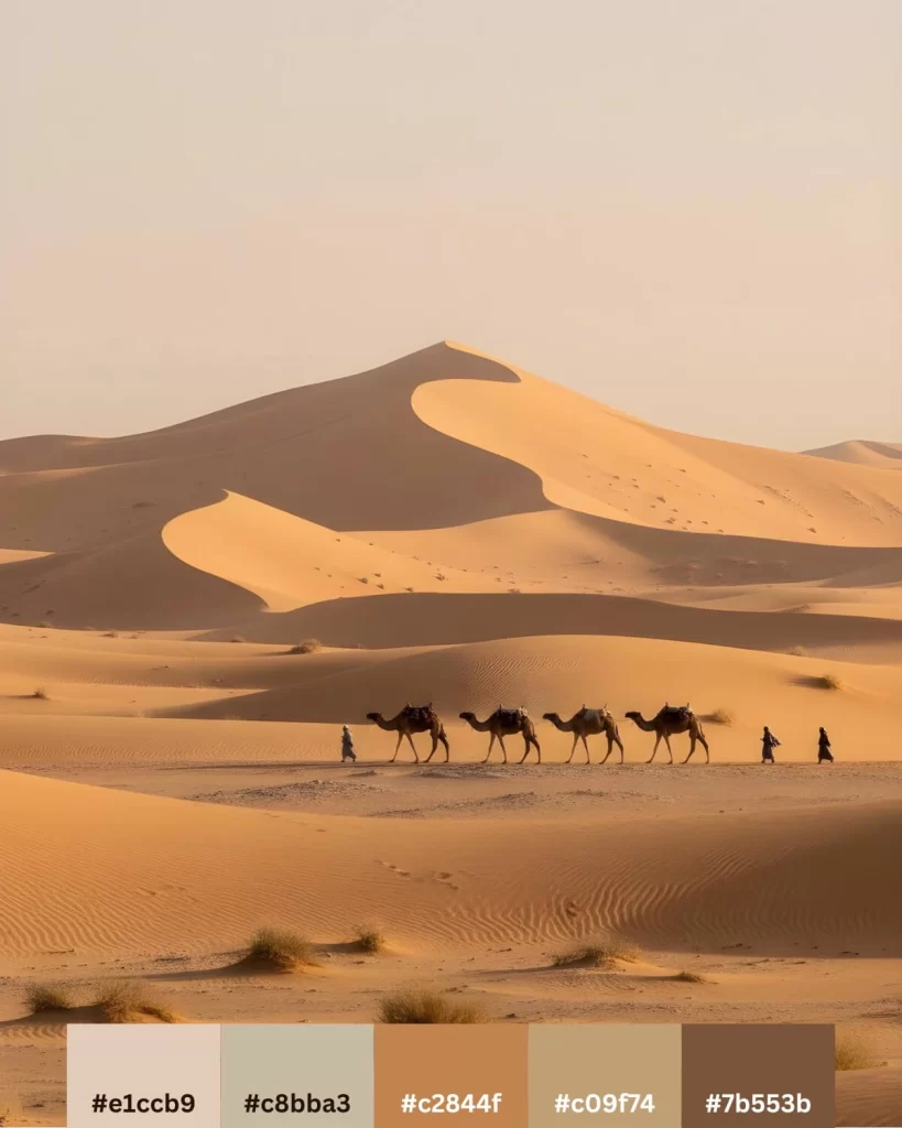 A line of camels and people walking across vast, sun-drenched sand dunes in a desert, with soft shadows defining the ridges.