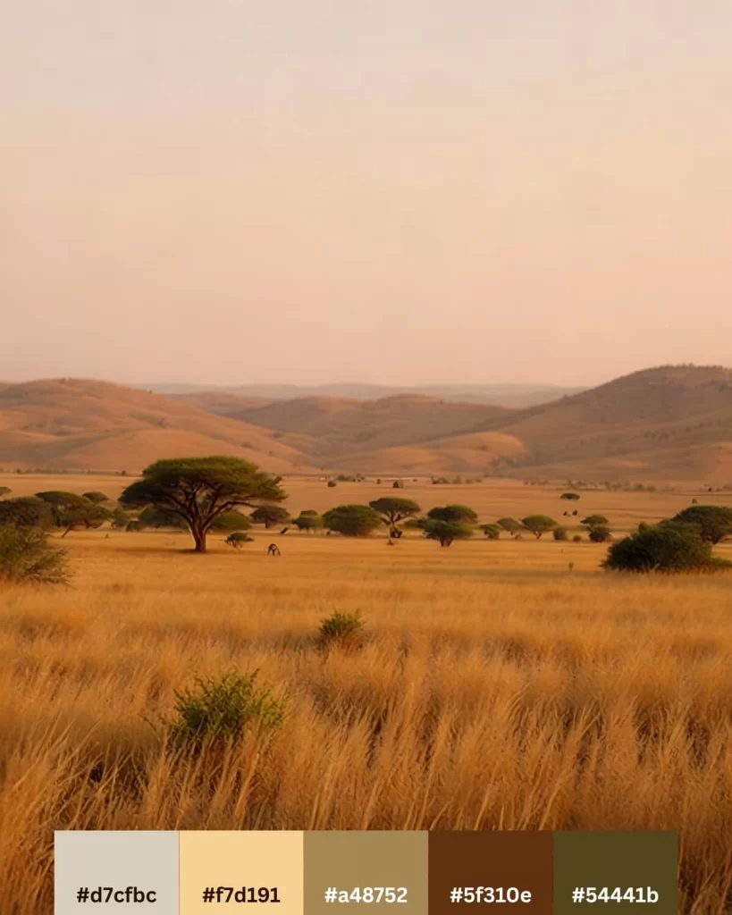 A wide landscape of rolling golden-brown savanna plains with scattered acacia trees and hills in the distance under a warm, hazy sky. Natural, earthy color palettes.