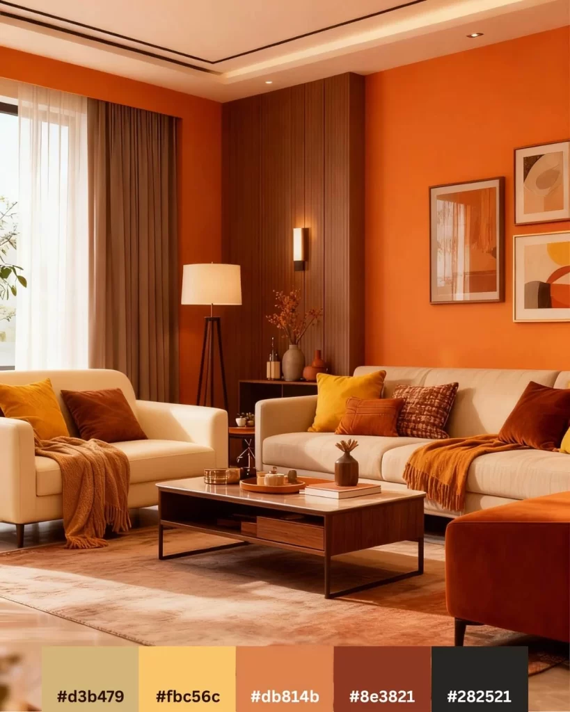 A modern living room with a striking orange accent wall and dark wood paneling, featuring light beige sofas accented with warm orange and yellow pillows. The palette is: #d3b479, #fbc56c, #db814b, #8e3821, and #282521.