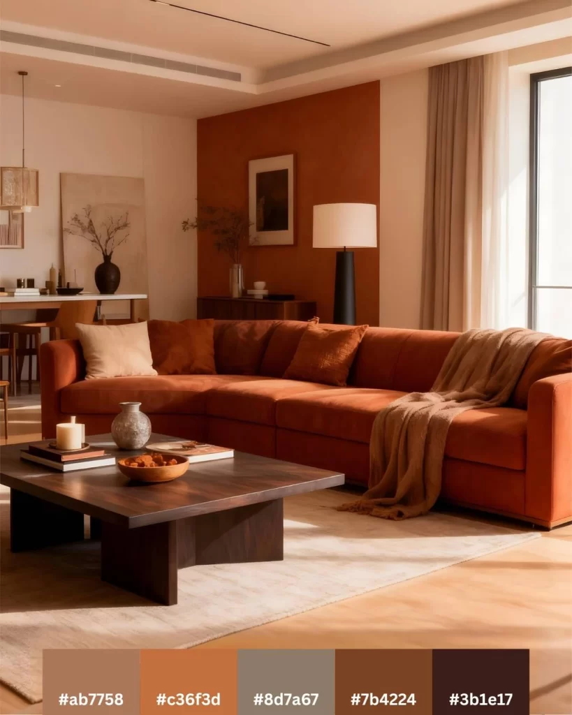 A warm and inviting living room dominated by a large sectional sofa in a deep terracotta or burnt-orange color, with a matching accent wall. The room is styled with a dark wood coffee table and neutral rugs. The palette is: #ab7758, #c36f3d, #8d7a67, #7b4224, and #3b1e17.