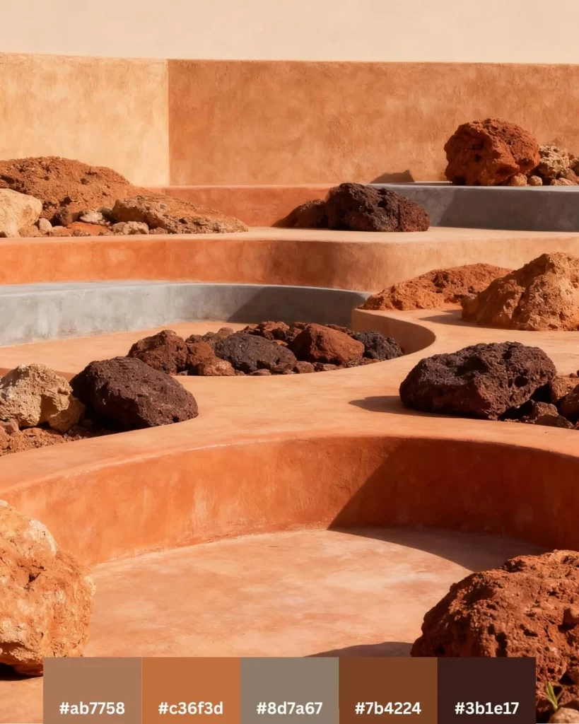 modern, tiered architectural outdoor space featuring smooth, curved steps and walls covered in rich terracotta-colored plaster, interspersed with raw earth and dark reddish-brown volcanic rocks.