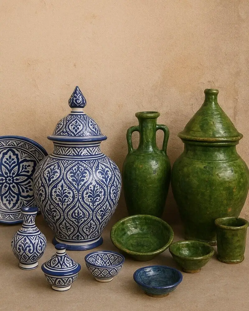A grouping of traditional Moroccan pottery, featuring large blue and white hand-painted ceramics with intricate patterns next to various green glazed earthenware pieces, including tagine-shaped lids and vases.