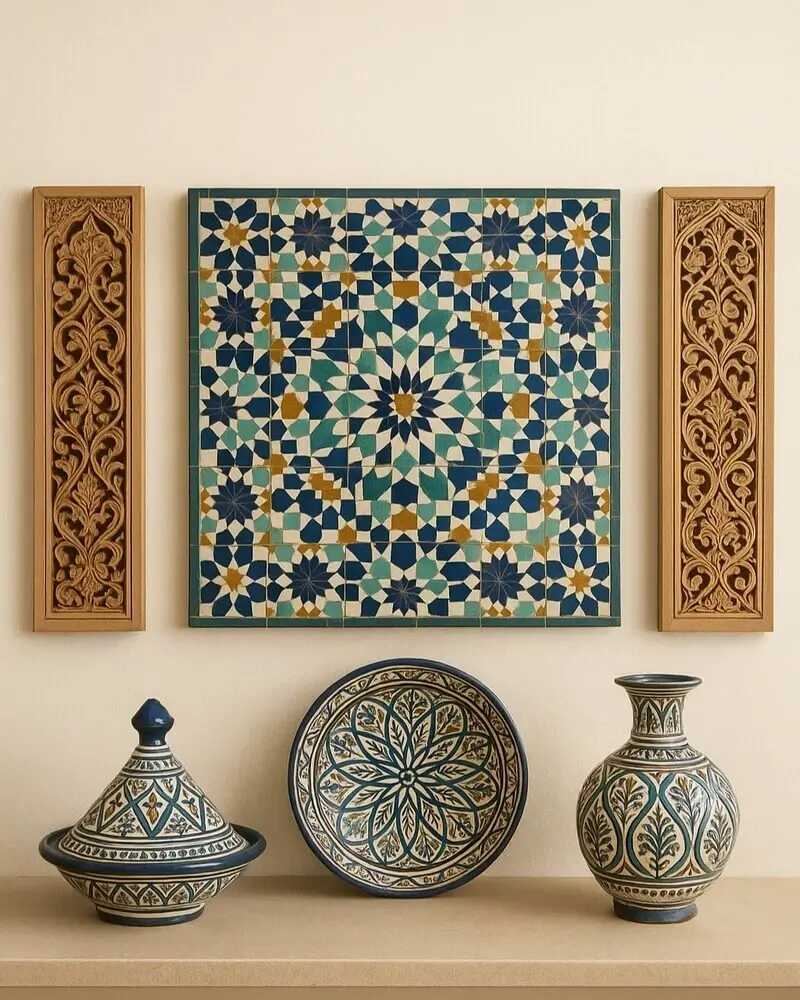 Display of traditional Moroccan art including a central framed mosaic of colorful Zellige tiles with a geometric star pattern, flanked by two carved wood panels, and a collection of hand-painted ceramic pottery (tagine, plate, and vase) below.