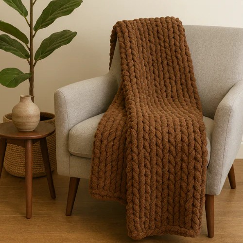 Chunky knit throw in a chocolate brown color over a light gray chair in a cozy corner