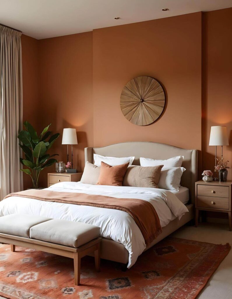 A warm, inviting bedroom centered around an earth-toned palette. The main accent wall is painted a terracotta/burnt orange color, contrasting with the light beige upholstered headboard. A circular woven or straw wall hanging is mounted above the bed. The bed features white linens accented with orange and beige textured pillows and an orange throw. Wooden nightstands flank the bed, each holding a white-shaded lamp. The room is anchored by a large, colorful Moroccan-style rug in shades of orange, red, and dark brown. A large potted plant sits to the left of the bed.