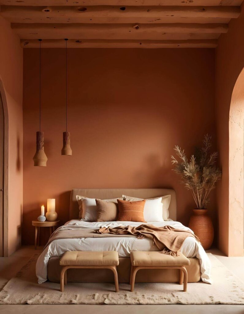 A bedroom with warm, earthy African-inspired decor. The walls are a deep, burnt orange/terracotta color. The ceiling features exposed, light wooden beams. The bed has a light beige headboard and is dressed in white and neutral beige linens, with a burnt orange throw and accent pillows. On the right, a tall, woven terracotta vase holds dry, wispy grasses. On the left, a simple wooden side table holds a candle and a lamp. Tapered wooden pendant lights hang over the side table and above the center of the bed.