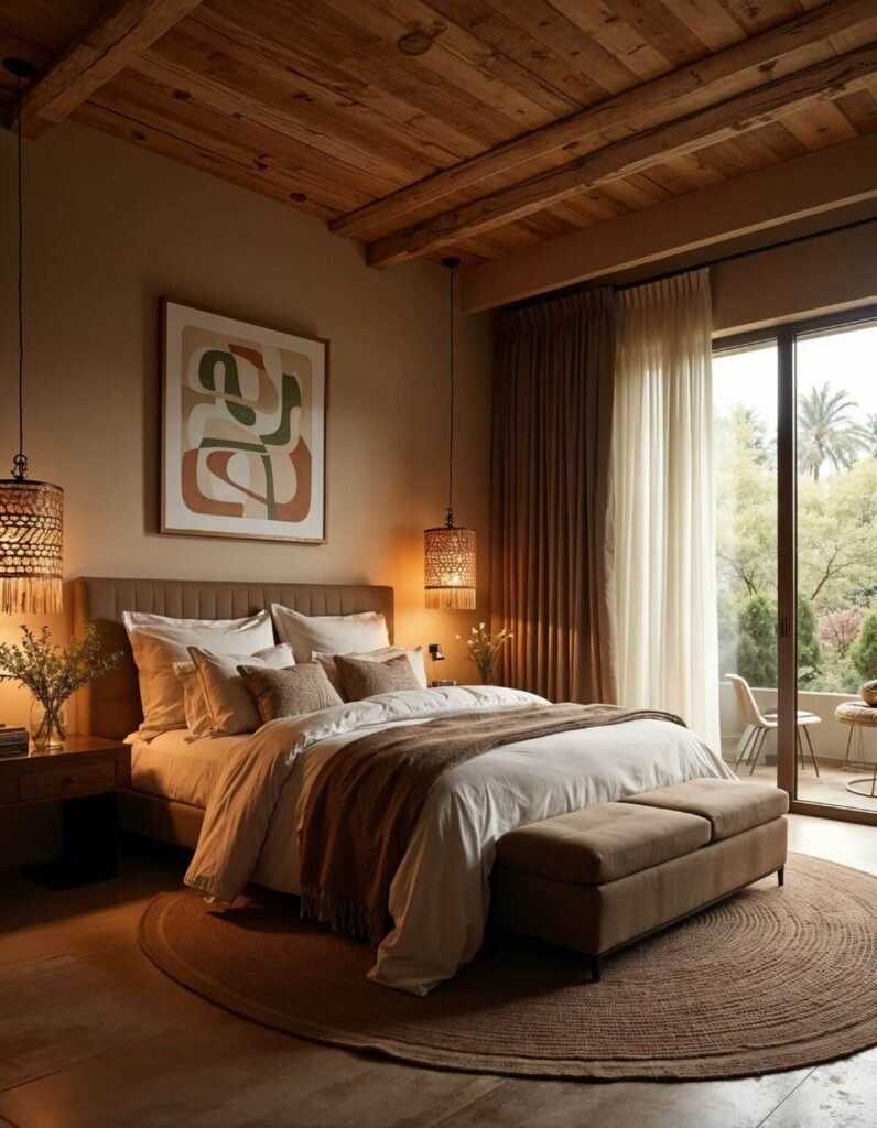 A cozy, warm-lit African bedroom decor with a wooden plank ceiling and exposed beams. The bed is dressed in neutral linens and a brown throw, with a matching upholstered bench at the foot. Woven pendant lights hang on either side of the bed, which is flanked by a patio door leading to an outdoor space.