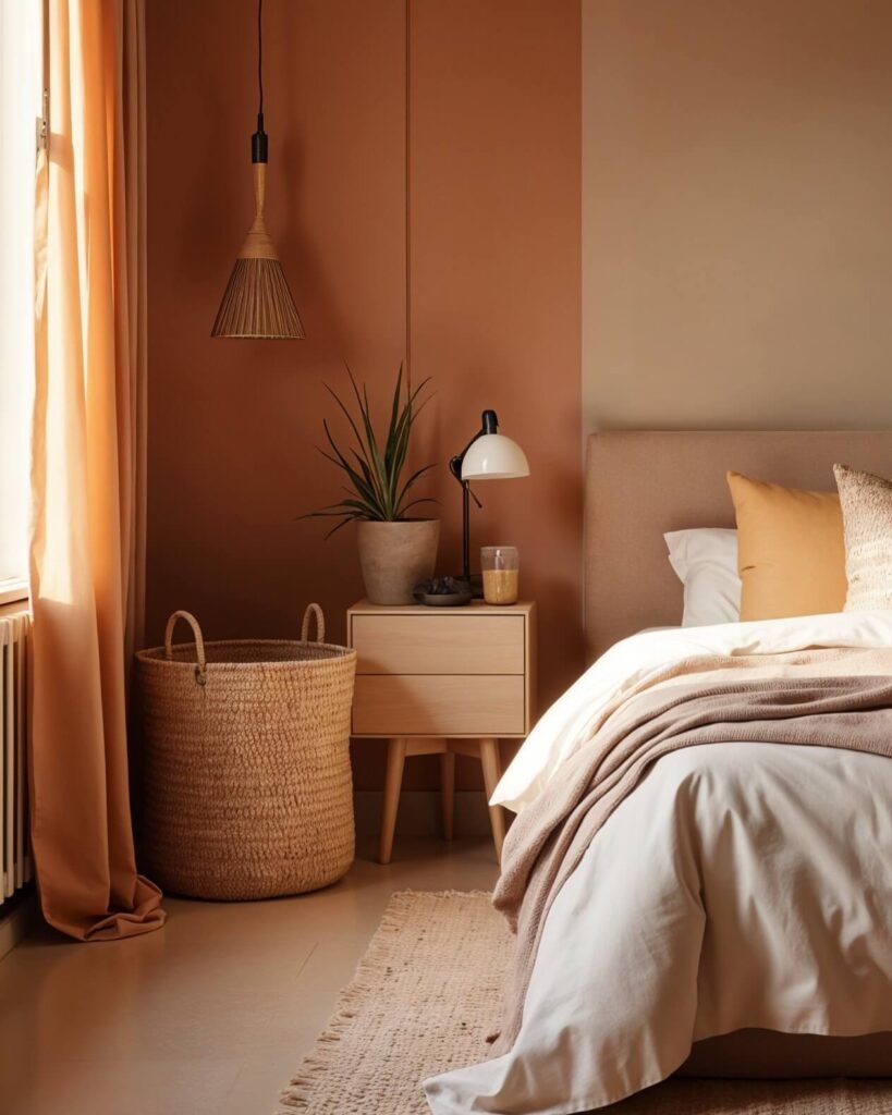 A detail shot of an African bedroom decor corner featuring a large woven laundry basket, peach-colored curtains, and a light wood nightstand with a potted plant and a white lamp. The walls are painted in warm terracotta and neutral beige tones.
