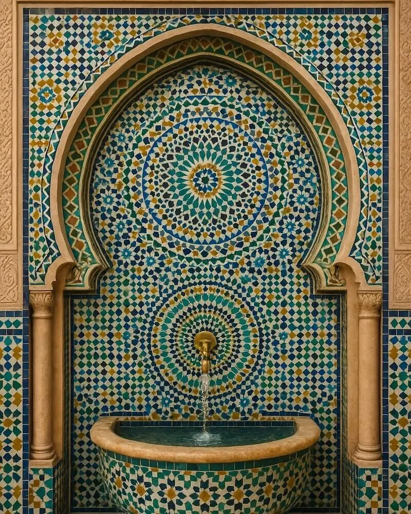 Intricate Moroccan art wall fountain covered in colorful, detailed Zellige mosaic tiles forming complex geometric and floral patterns, set within a horseshoe arch.