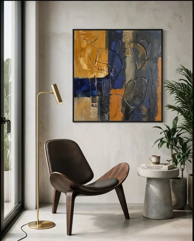 Abstract African painting in shades of gold, blue, and black, hanging above a dark wooden lounge chair and a small concrete side table in a modern reading nook with a brass floor lamp and large window.