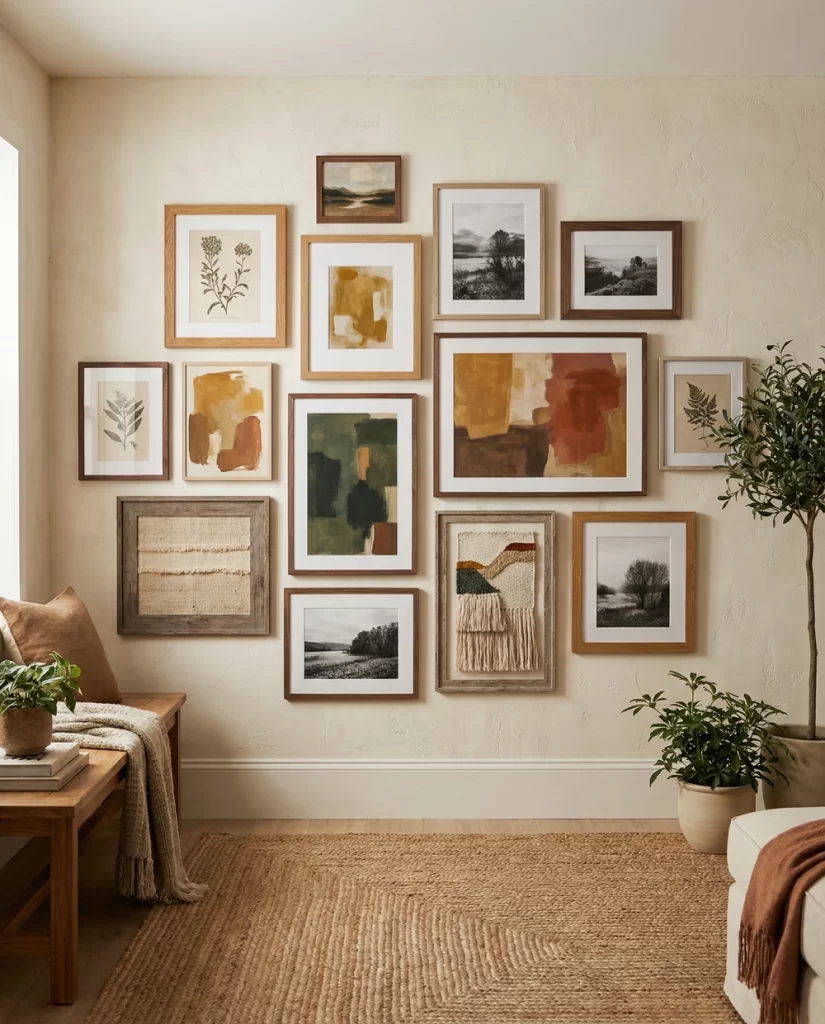 An eclectic gallery wall art collection in a cozy living space, mixing abstract paintings, botanical prints, and textured woven wall hangings in various wood-toned frames.