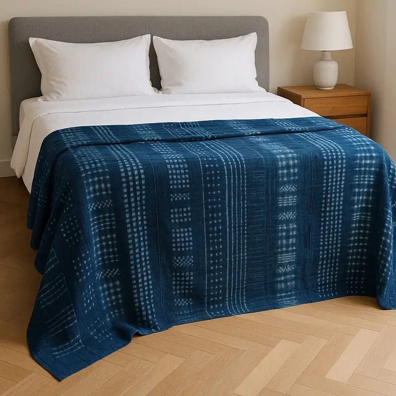 A rich indigo-dyed African textile with various woven white patterns and stripes, used as a decorative coverlet over white linens on a modern bed.