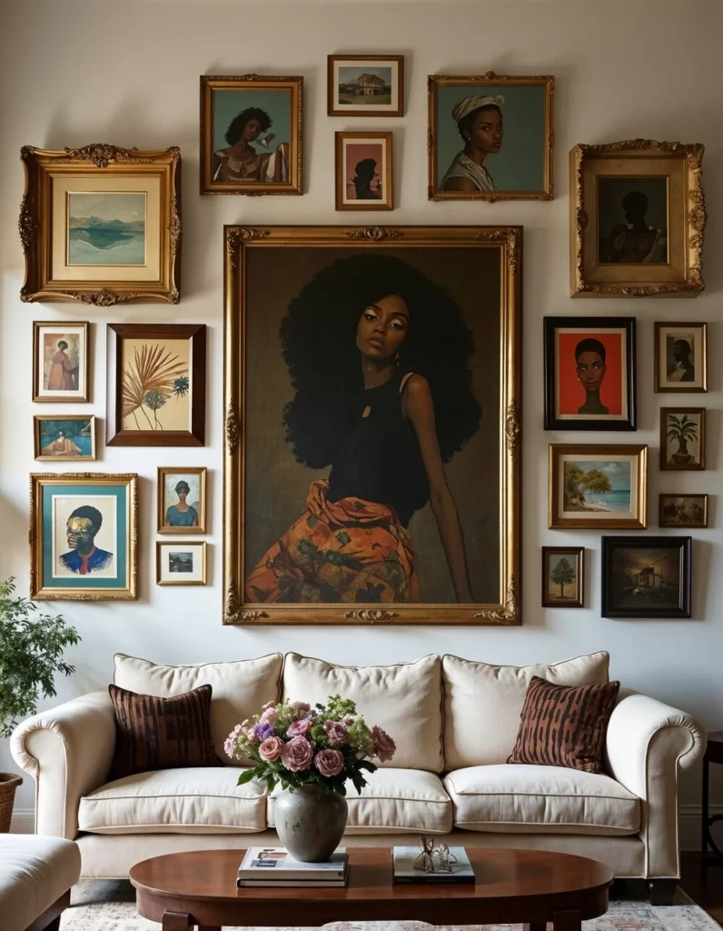 A maximalist "salon style" gallery wall art arrangement above a cream-colored sofa. The wall is covered in various sized paintings, including prominent portraits and landscapes, set in ornate gold and dark wood frames of different shapes and thicknesses.