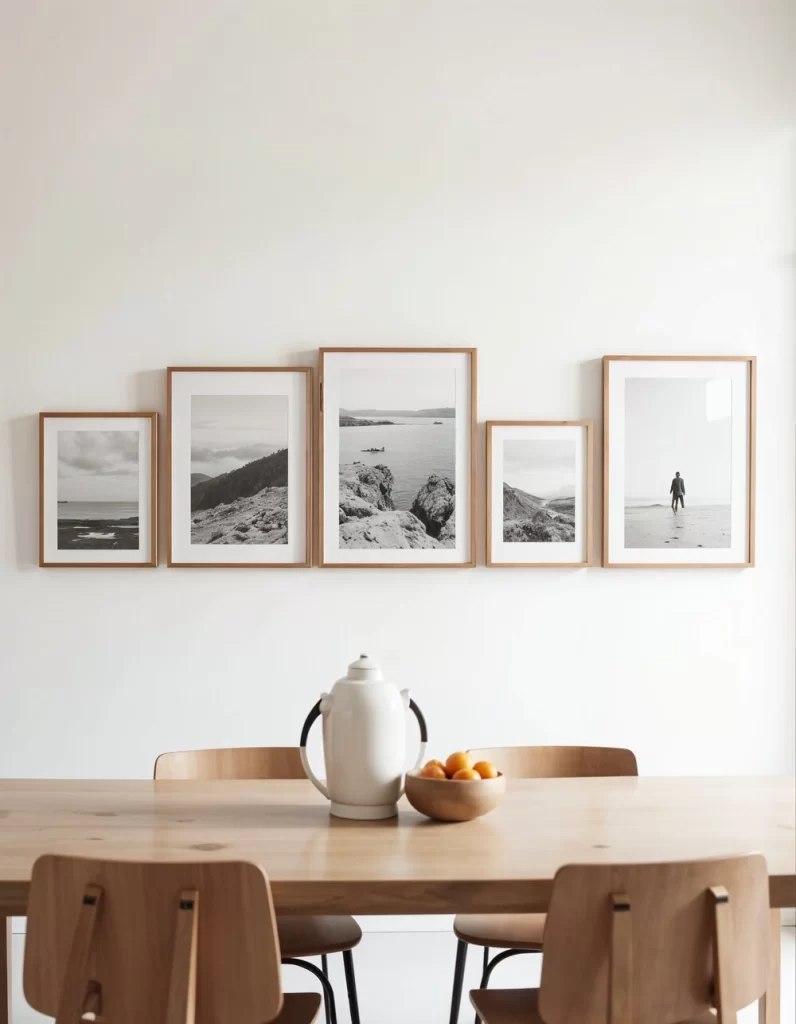 A minimalist dining area featuring a row of five black-and-white landscape photographs framed in light wood. The frames are aligned along a central horizontal axis on a white wall above a wooden dining table, creating a clean gallery wall art display.