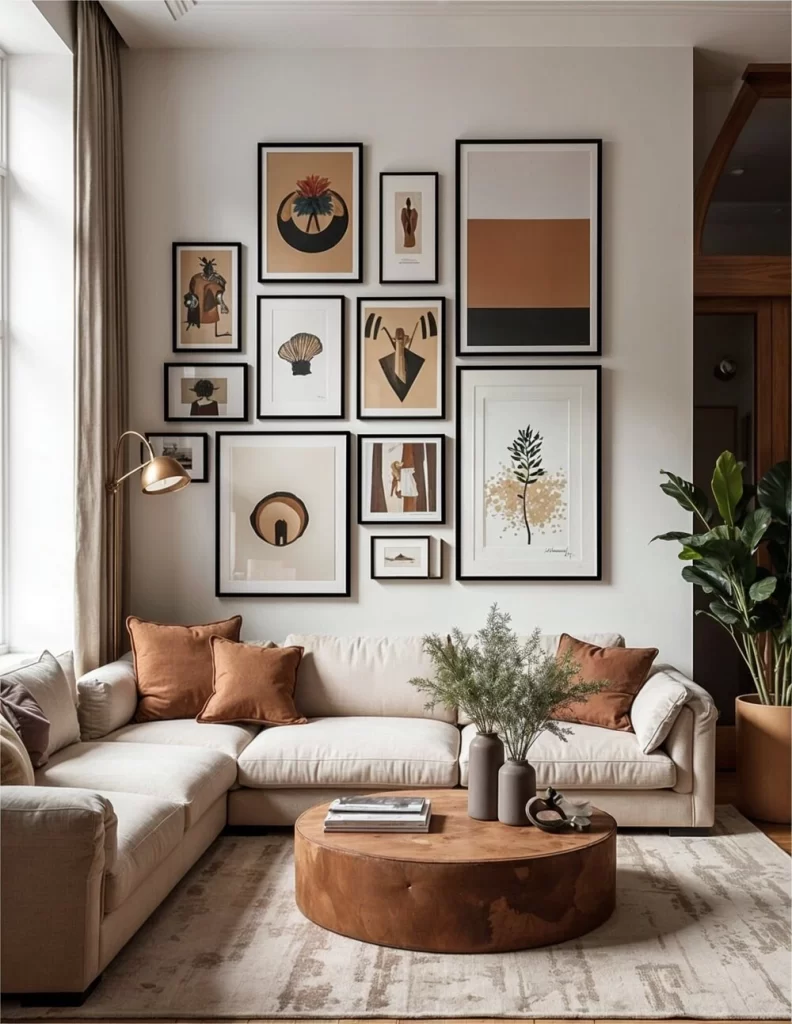 A modern living room with an asymmetric cluster of framed abstract art and illustrations. The frames vary in size and orientation but maintain a cohesive look with thin black borders, positioned above a light beige sectional sofa and a round wooden coffee table.