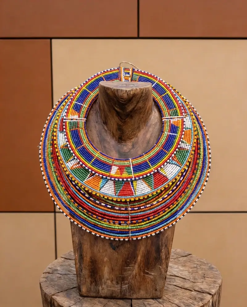 A vibrant, multi-colored Maasai beaded collar displayed on a natural wood bust, showcasing circular patterns of red, blue, yellow, and green beads.