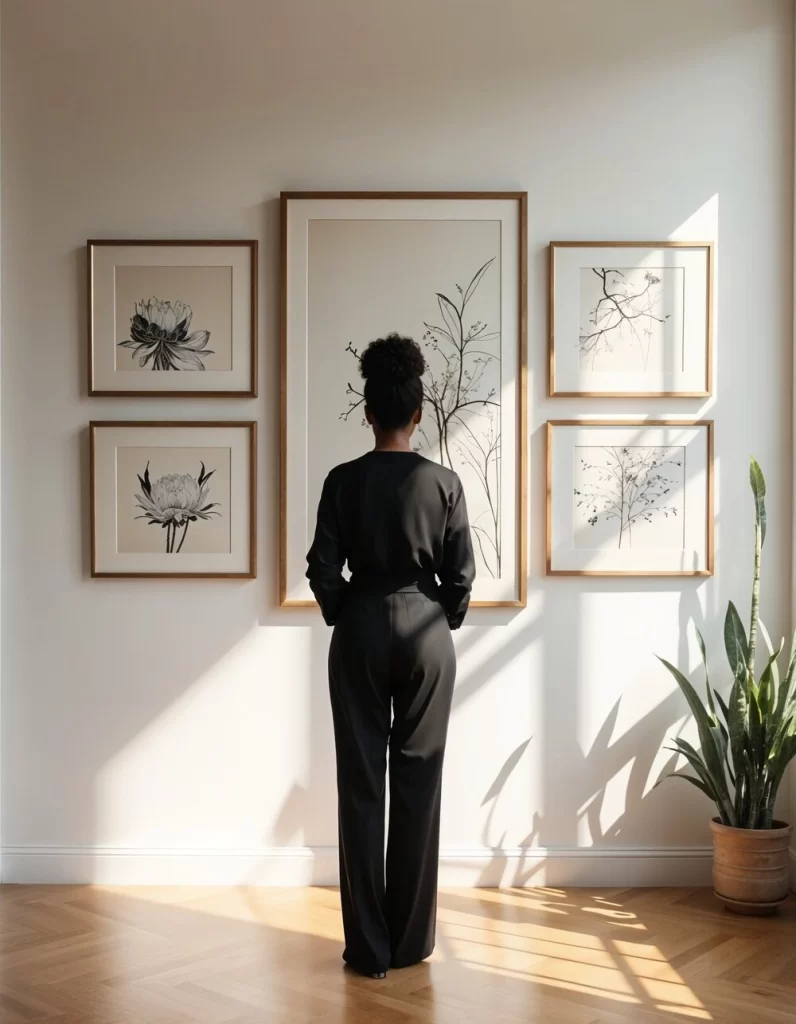 A woman stands with her back to the camera, viewing a large central botanical print flanked by four smaller square floral illustrations. The arrangement is perfectly symmetrical and features thin wooden frames against a sunlit white wall.