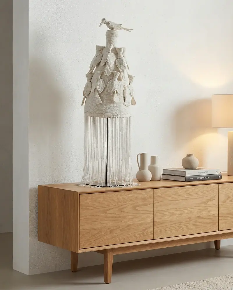 A tall, cream-colored Yoruba beaded crown (Adenla) featuring a bird finial and long beaded fringes, serving as a focal point on a modern wooden sideboard.