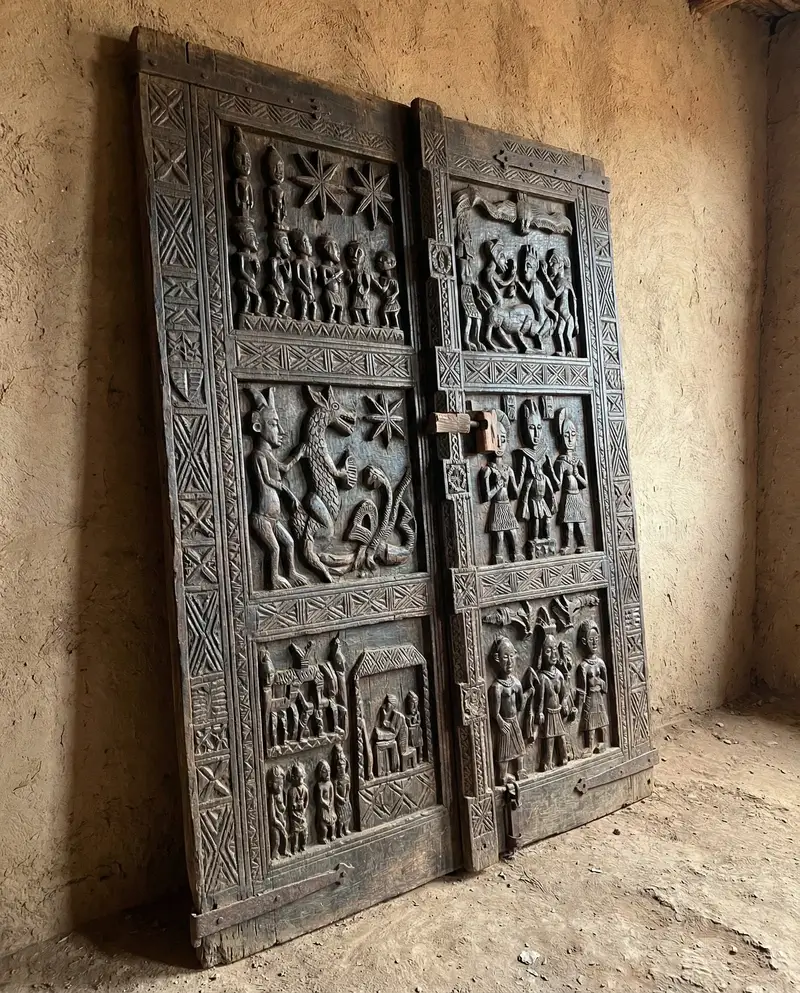 A large, weathered wooden Dogon door leaning against a mud wall. The surface is covered in high-relief carvings of ancestral figures and symbolic animals, representing highly detailed African artifacts from Mali.