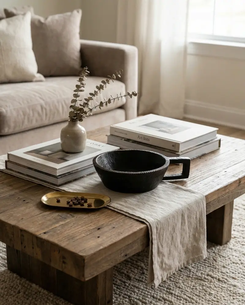 A minimalist black Gurage wooden bowl with a single sturdy handle, positioned on a linen runner atop a rustic wooden coffee table.