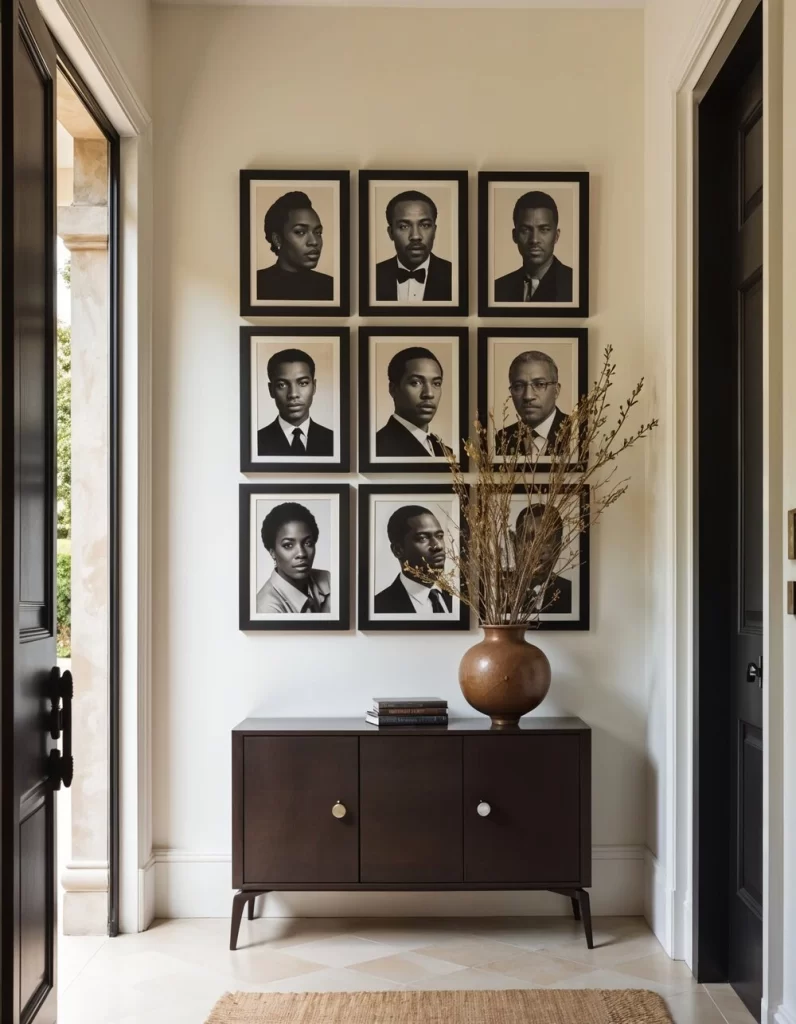A sophisticated entryway featuring a nine-frame gallery wall art grid of black-and-white portraits, centered above a dark wood console table with a decorative ceramic vase.