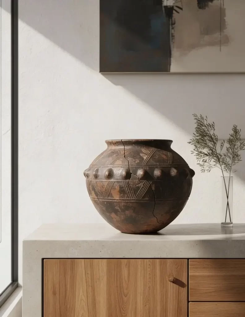 A rounded, dark clay pot featuring a row of raised "knuckle" textures and etched chevron patterns, showcasing the craftsmanship of African artifacts on a contemporary wooden sideboard.