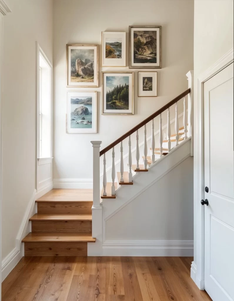 A collection of framed landscape paintings depicting mountains and forests, arranged vertically along the white wall of a bright wooden staircase.