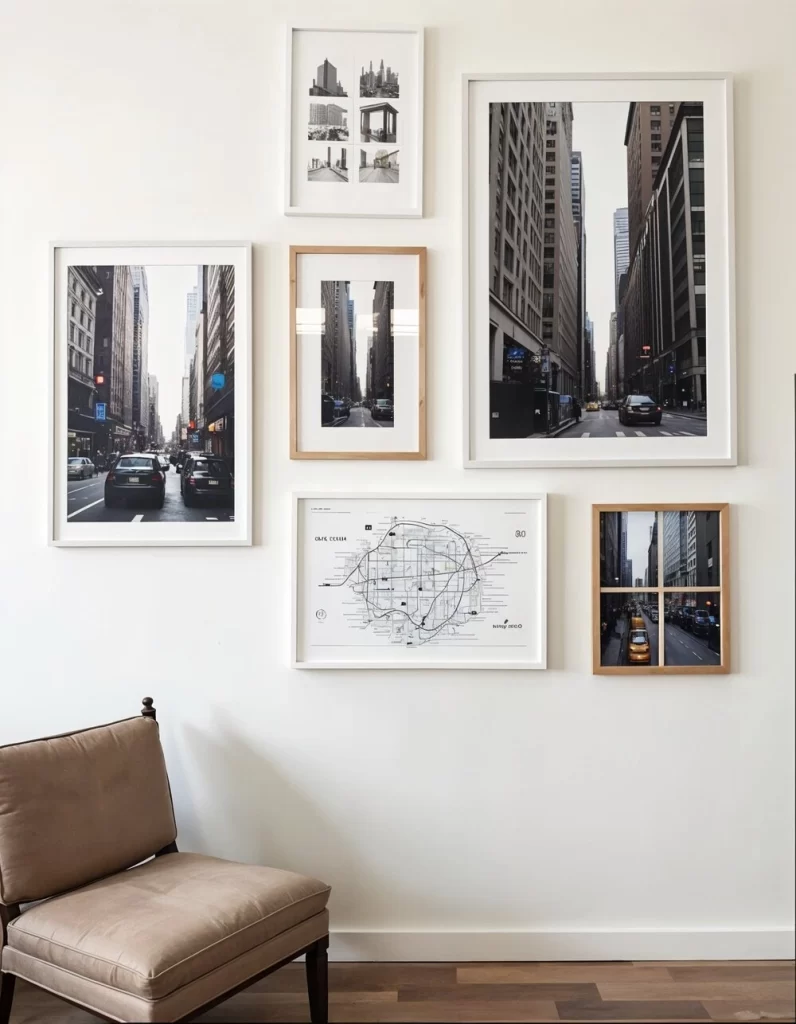 A modern gallery wall art arrangement of urban photography and a city transit map in varying white and light wood frames, displayed on a clean white wall above a tan leather chair.