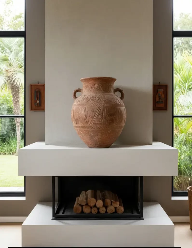 A large, earth-toned Nupe-style terracotta vessel with two small handles and detailed band carvings, displayed prominently as a focal point on a modern white fireplace mantel.