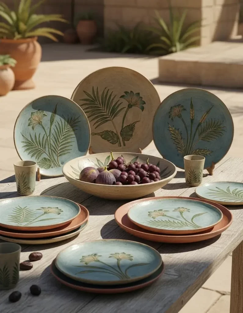A collection of hand-painted Egyptian ceramic plates and a large central bowl, featuring delicate blue-green palm and lotus floral motifs on a rustic outdoor table.