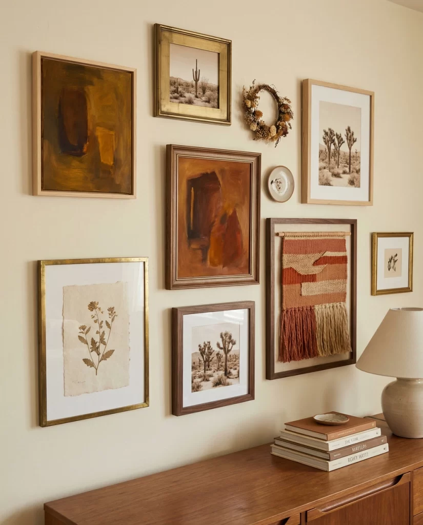 A warm-toned art display on a beige wall featuring desert-themed photography, abstract oil paintings in ochre and terracotta, and a small dried flower wreath.