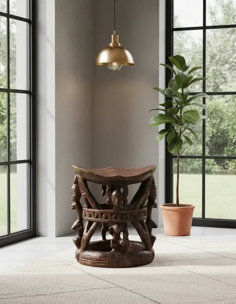 An intricately carved wooden pedestal stool featuring stylized human figures and geometric relief patterns, positioned in a sunlit corner under a modern brass pendant light.