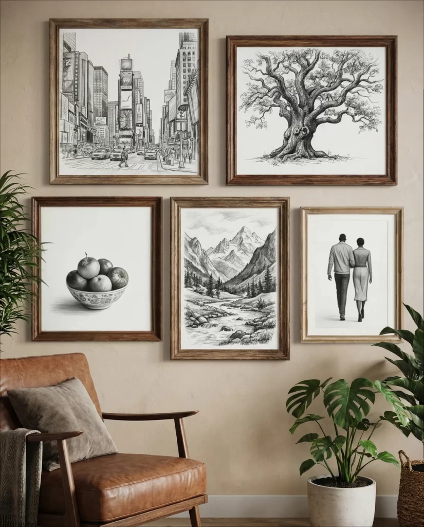 A cozy seating area with a leather armchair and indoor plants, featuring a wall of black-and-white charcoal drawings of landscapes, cityscapes, and still life.