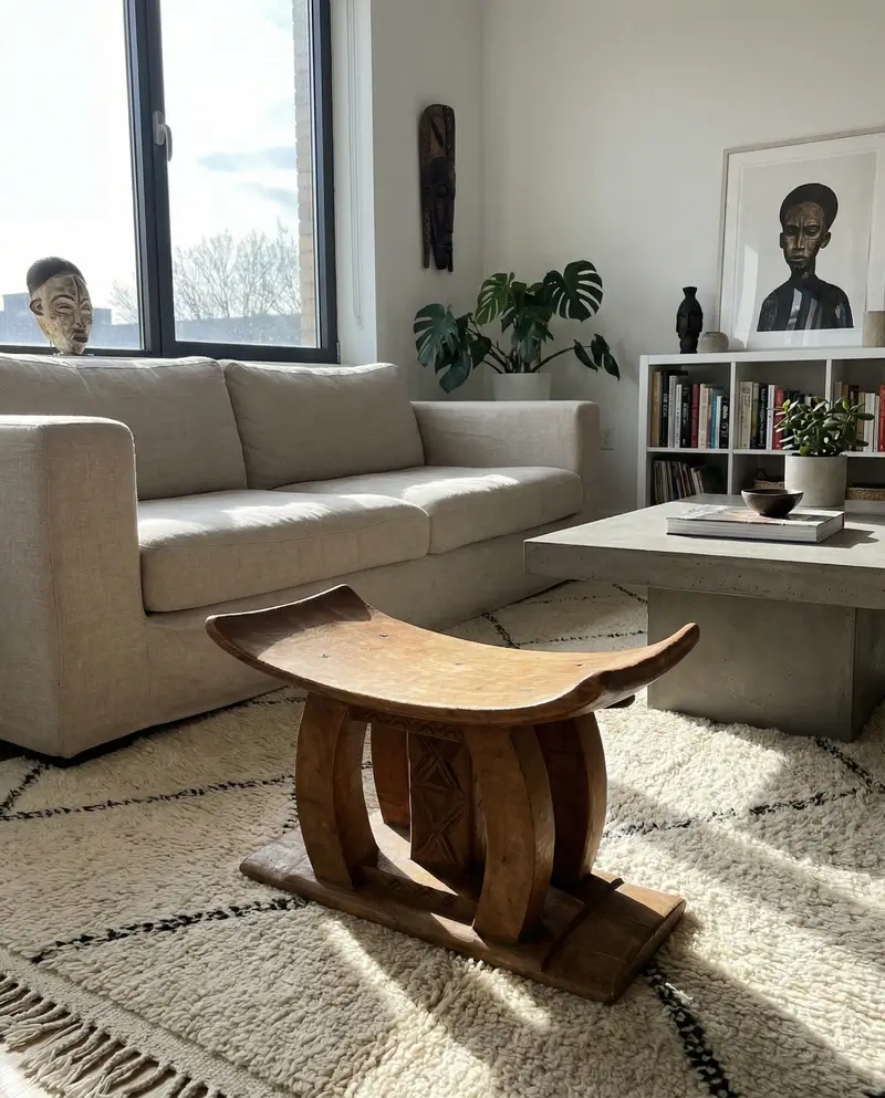 A hand-carved wooden Ashanti stool with a curved seat and geometric pillar base, serving as a functional piece of African artifacts in a bright, modern living room with a neutral sofa and Berber rug.