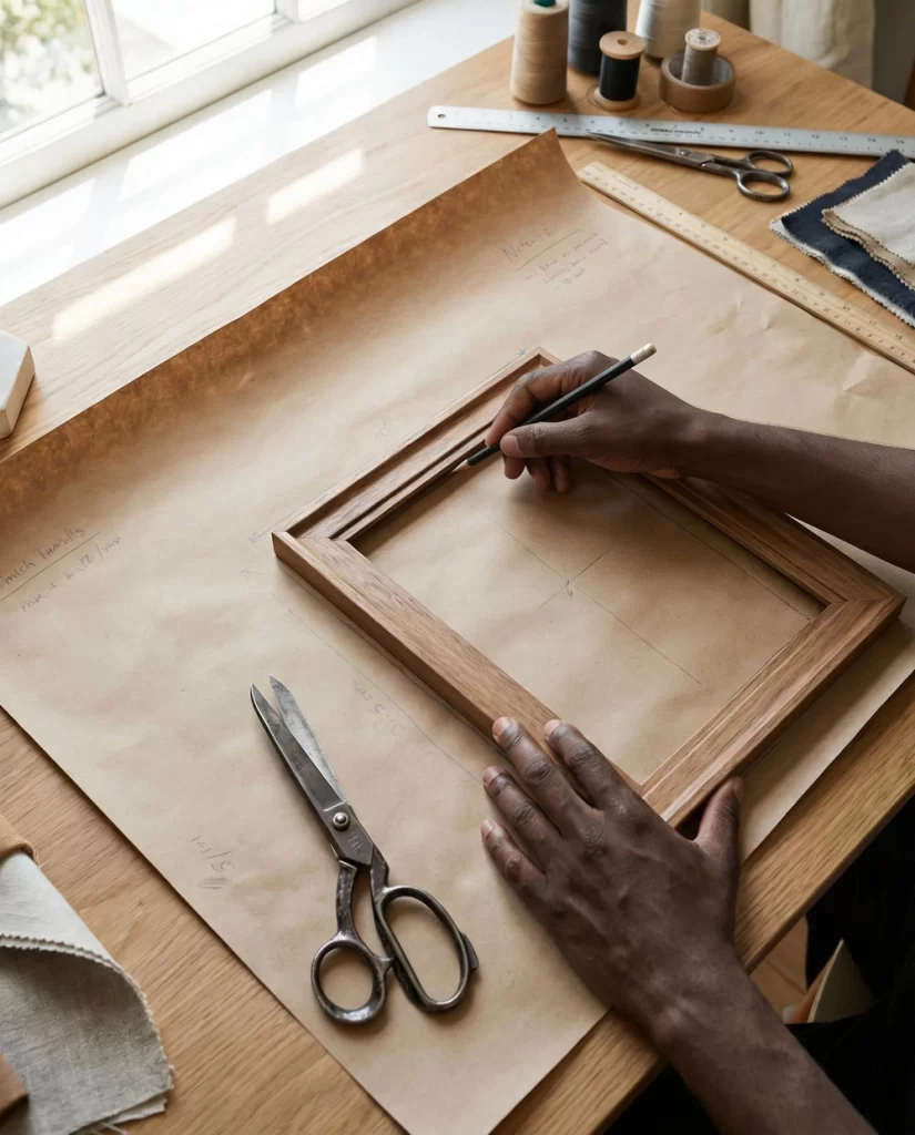 A close-up of hands using a pencil and ruler to trace a wooden picture frame onto brown kraft paper to create a template for hanging art.