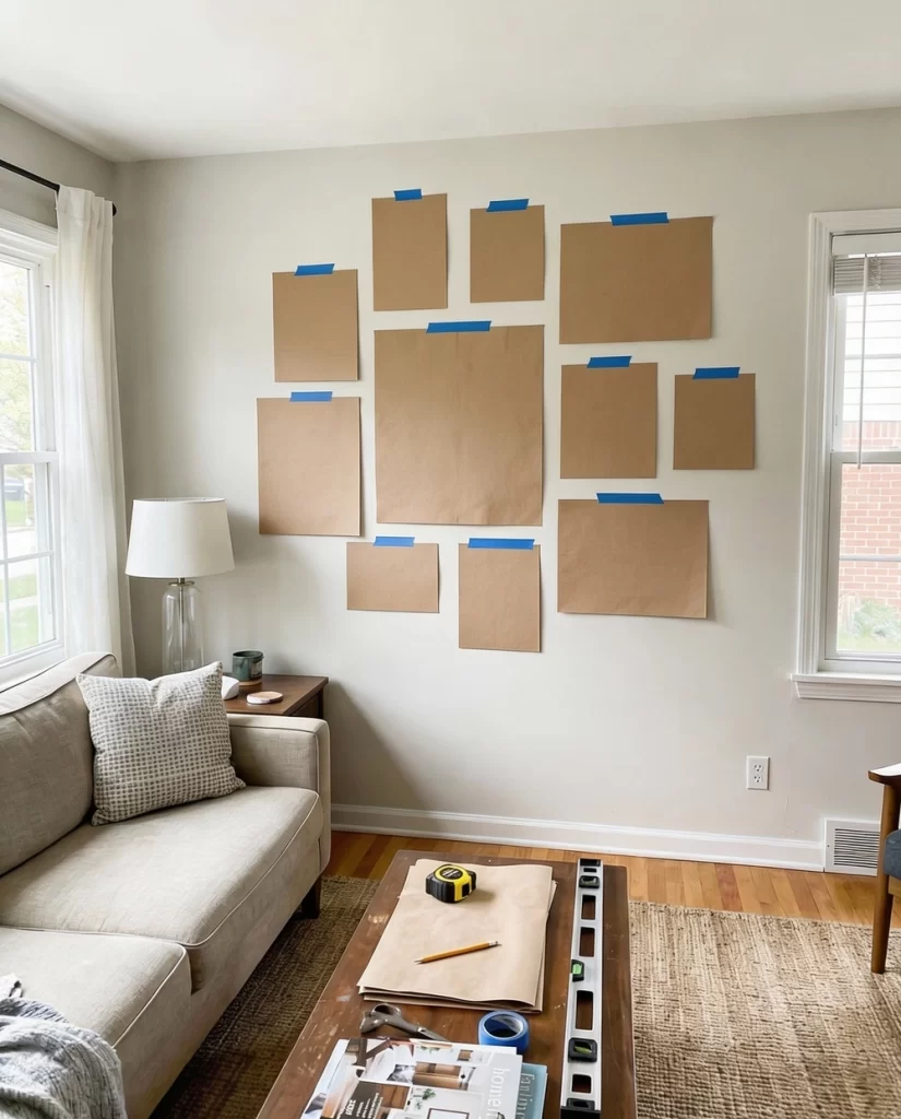 A living room wall with brown paper templates taped in a decorative arrangement, used to plan the layout of a picture wall before hanging the actual frames.
