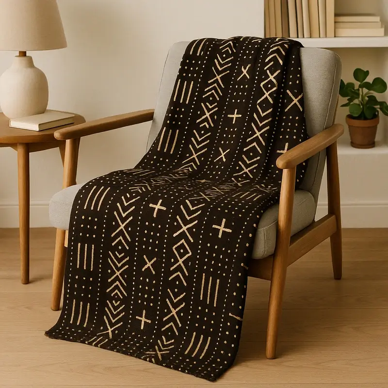 A black Bogolan (mud cloth) throw blanket featuring traditional cream-colored geometric symbols and lines, draped over a contemporary light-grey armchair in a minimalist reading nook.
