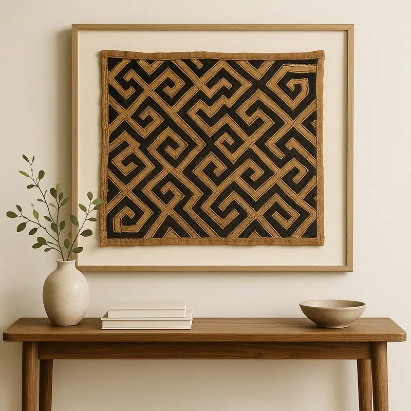 A framed square of Kuba cloth with high-contrast, interlocking raffia embroidery in black and tan, displayed as a sophisticated piece of African artifacts wall art above a wooden console table.