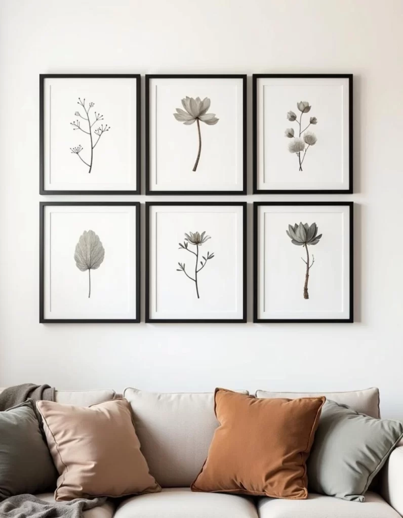 A symmetrical six-frame gallery wall art display featuring minimalist botanical illustrations in black frames, arranged in a perfect grid above a neutral sofa with Earth-toned accent pillows.