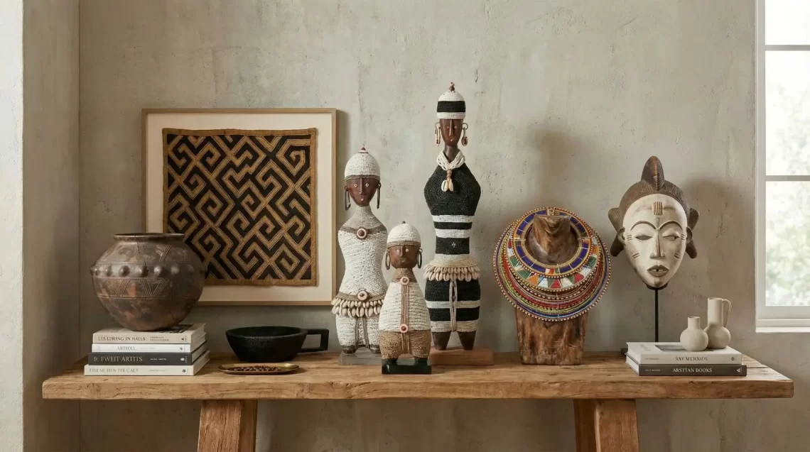 A gorgeous display of African artifacts: left to right: a Zulu pot placed on a stack of books, framed kuba cloth on the wall, an Ethiopian Gurage bowl, 3 namji dolls at the center, a Maasai bead collar on a wood bust and a Punu mask on a stand