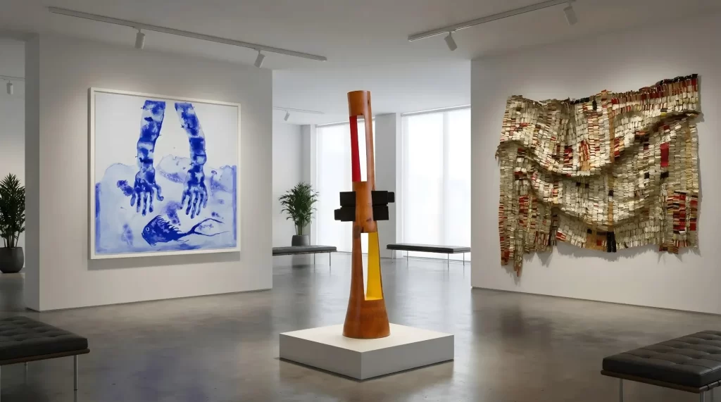 A bright, modern art gallery space showcasing works by African artists, including a large blue and white painting of hands, a tall wooden and glass sculpture, and a textural wall hanging made of layered materials.
