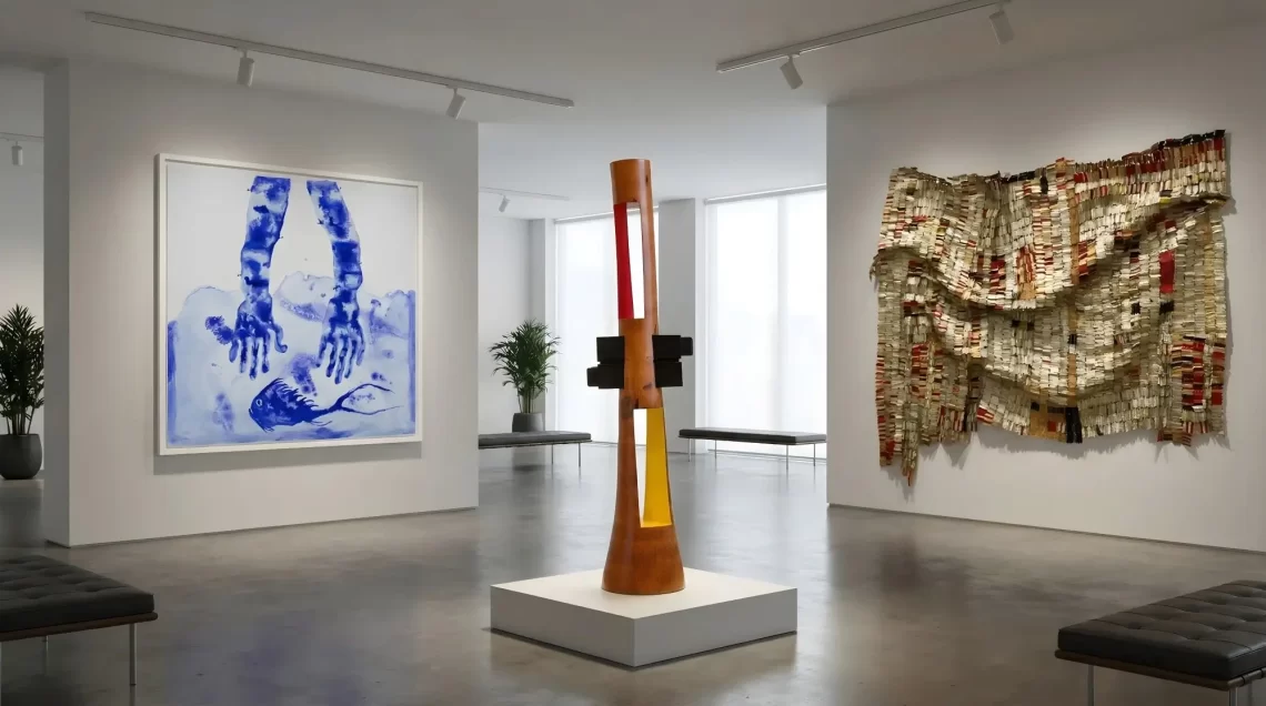 A bright, modern art gallery space showcasing works by African artists, including a large blue and white painting of hands, a tall wooden and glass sculpture, and a textural wall hanging made of layered materials.