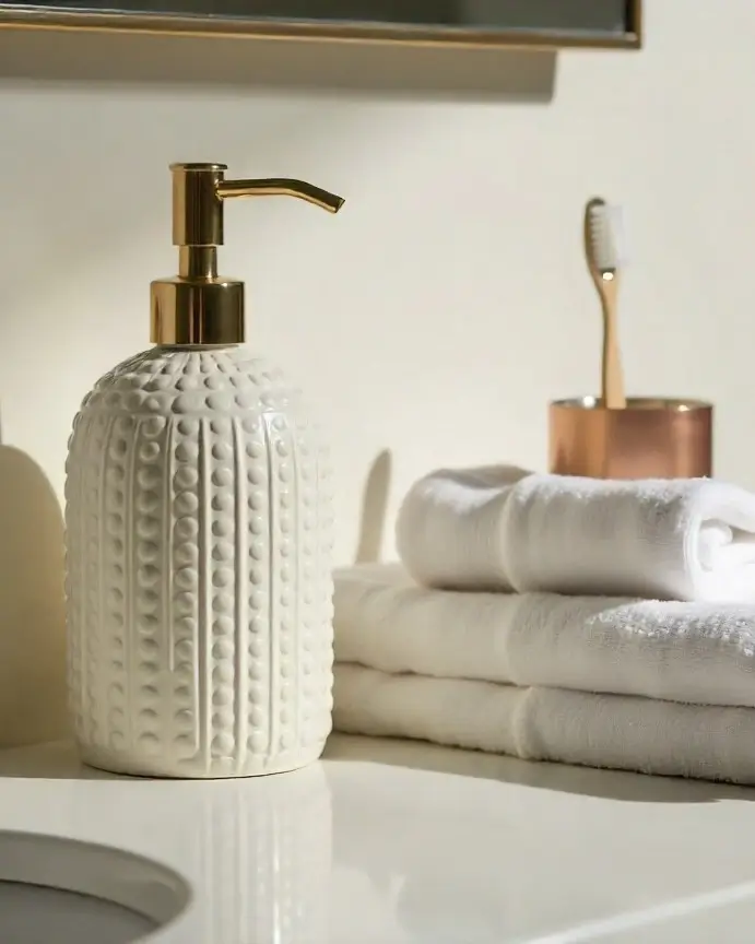 A close-up of a white textured soap dispenser with a gold pump, next to a stack of clean white towels and a toothbrush in a copper holder, suggesting easy bathroom upgrades.