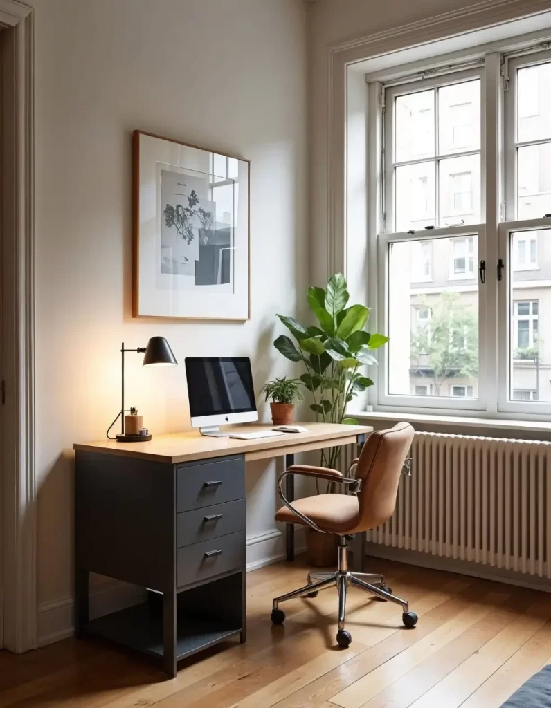 A bright, compact studio workspace featuring a light wood desk, dark gray drawers, a computer monitor, a black task lamp, a brown leather office chair, and a large plant by a tall window. Studio room design for a functional office area.