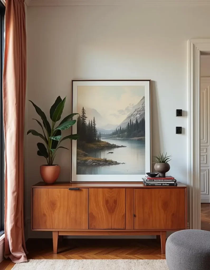 Interior design photo showing a wooden mid-century modern credenza topped with a large, framed landscape painting of a lake and mountains, leaning against a wall. A tall potted plant and a smaller decorative potted plant are placed on the cabinet to show height variation in decor.