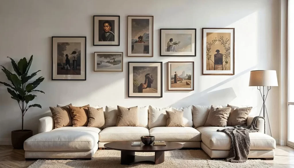 A spacious, modern living room featuring a gallery wall art display above a large, cream-colored sectional sofa. The gallery consists of eight framed pieces of artwork, including portraits and landscapes in muted earthy tones, arranged in an organized but asymmetrical cluster. A low dark-wood coffee table sits on a textured rug in front of the sofa, which is decorated with several brown and tan throw pillows. The room is brightly lit by natural sunlight, with a tall potted plant on the left and a minimalist floor lamp on the right.
