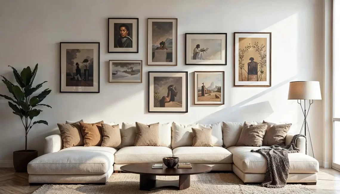 A spacious, modern living room featuring a gallery wall art display above a large, cream-colored sectional sofa. The gallery consists of eight framed pieces of artwork, including portraits and landscapes in muted earthy tones, arranged in an organized but asymmetrical cluster. A low dark-wood coffee table sits on a textured rug in front of the sofa, which is decorated with several brown and tan throw pillows. The room is brightly lit by natural sunlight, with a tall potted plant on the left and a minimalist floor lamp on the right.
