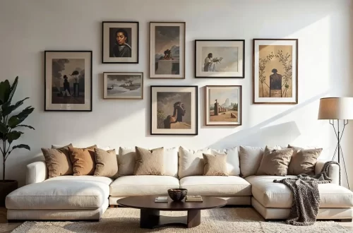 A spacious, modern living room featuring a gallery wall art display above a large, cream-colored sectional sofa. The gallery consists of eight framed pieces of artwork, including portraits and landscapes in muted earthy tones, arranged in an organized but asymmetrical cluster. A low dark-wood coffee table sits on a textured rug in front of the sofa, which is decorated with several brown and tan throw pillows. The room is brightly lit by natural sunlight, with a tall potted plant on the left and a minimalist floor lamp on the right.