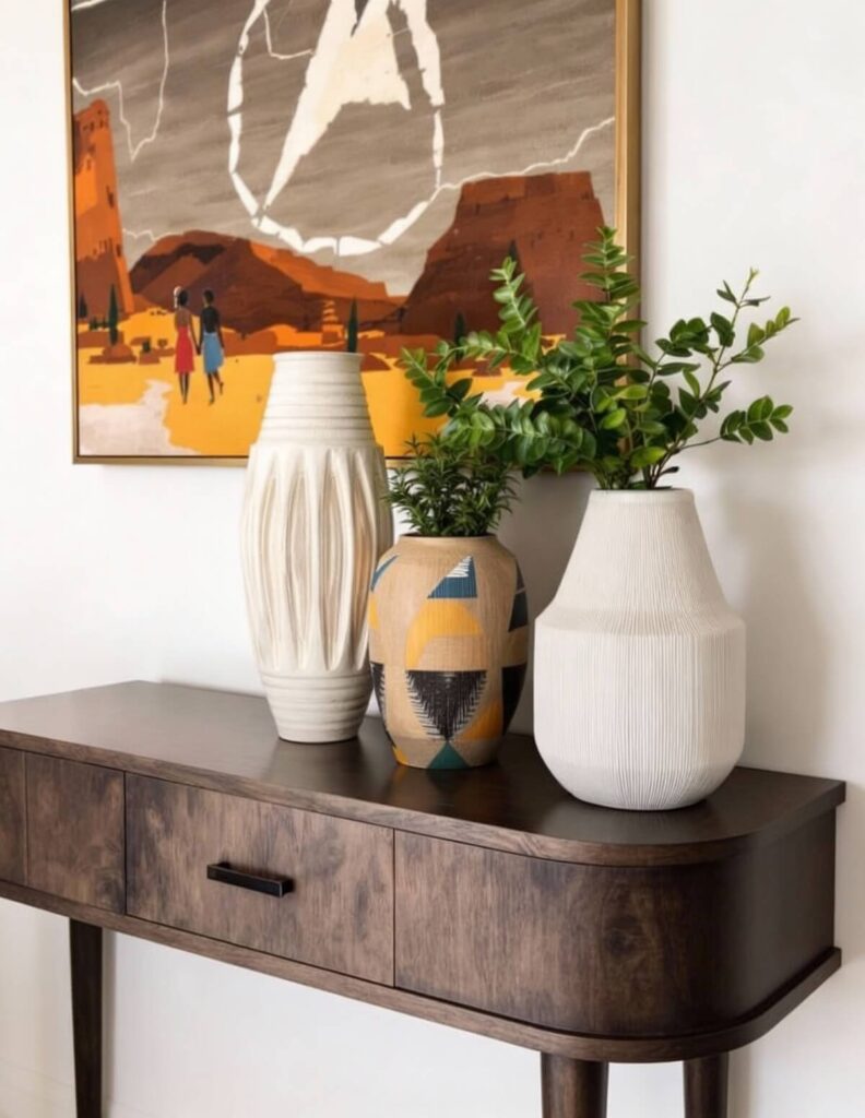 A close-up of a dark wood console table featuring three decorative African-style vases. The central vase has a tan base with black, yellow, and blue geometric patterns. It is flanked by two white textured vases: one tall with vertical ridges and one shorter with fine horizontal ribbing. Green foliage stems emerge from two of the vases. Behind them, a framed landscape painting shows two figures in a desert-like setting with orange mesas.