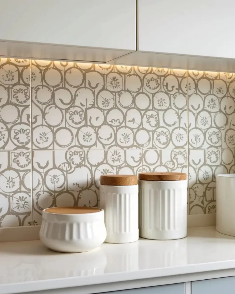 Close-up of a kitchen countertop with three white ceramic canisters with wood lids, set against a stylish white and gray patterned tile backsplash with under-cabinet lighting.